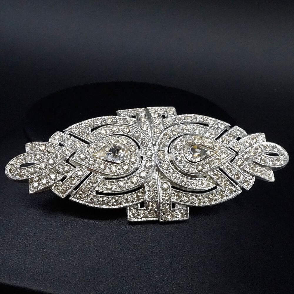 Vintage Pot Metal Art Deco Geometric Brooch Pin Silver-Tone Clear Stones